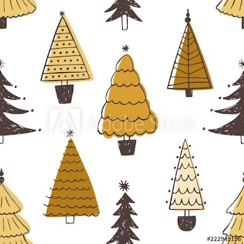Festive seamless pattern with various Christmas trees, firs or spruces on white background