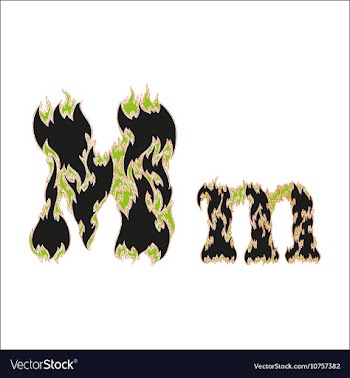 Fiery font black and green letter M on white vector image