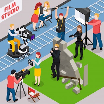 Film studio isometric composition with actors videographers sound engineer and illuminator during movie making Free Vector