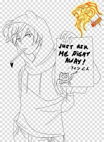 Finn anime version, lineart, male anime character holding piece of paper with just ask me right away text transparent background PNG clipart