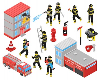 Fire department isometric icons set Free Vector