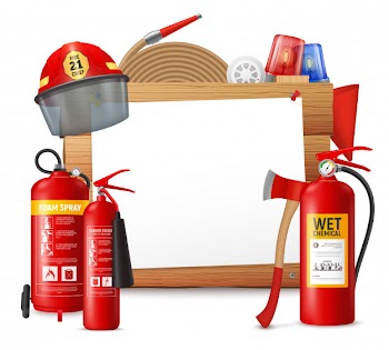 Fire extinguisger frame with clear piece of paper on wooden surface with fire-suppression bottle units  illustration Free Vector
