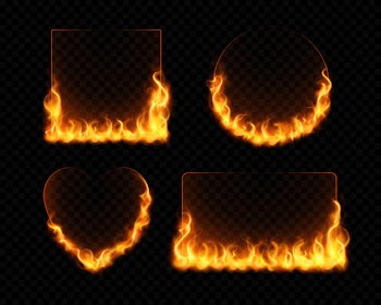 Fire flame frames realistic set of burning geometrical figures on dark transparent background isolated Free Vector