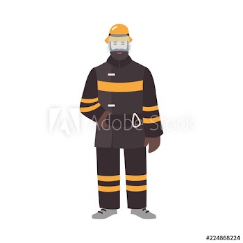 Firefighter, fireman or rescuer wearing fireproof protective clothes or uniform and helmet