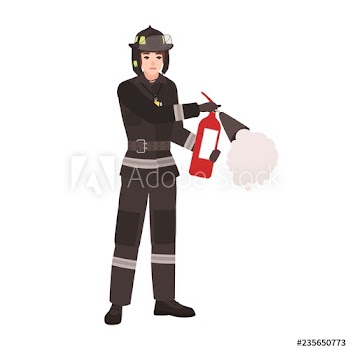 Firefighter, fireman or rescuer wearing fireproof protective uniform, helmet and holding fire extinguisher