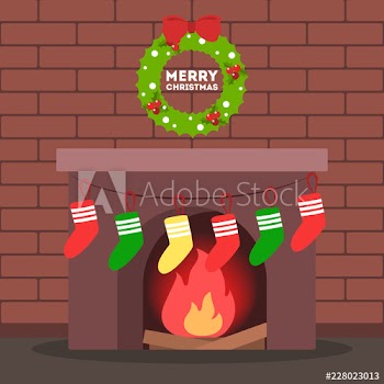 Fireplace with christmas decoration and gift on it