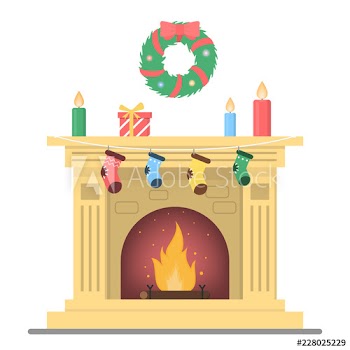 Fireplace with christmas decoration and gift on it