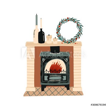 Fireplace with Christmas decorations flat vector illustration