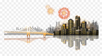 Fireworks - Coast Bridge City Night Fireworks Vector 