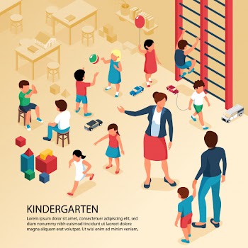 First day kindergarten activities isometric composition with teacher parent with child playing kids poster text Free Vector