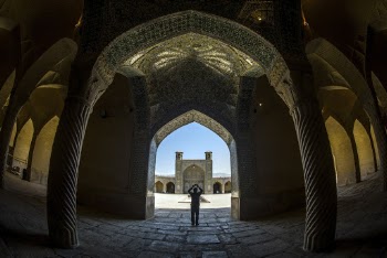 Fisheye Shot Of A Person InSide A Building With Columns And Ornate Ceiling