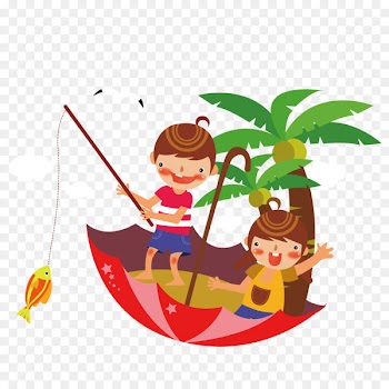 Fishing Euclidean vector - Children standing on fishing umbrella 