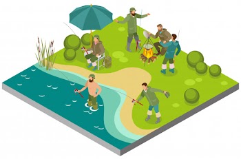 Fishing tourism isometric composition with fishers near bonfire and during catching on bank river Free Vector