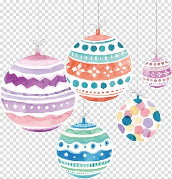 Five assorted-color ornament illustration, Santa Claus Pillow Gift Christmas ornament, Watercolor Christmas ball transparent background PNG clipart