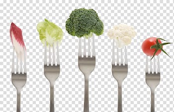 Five assorted vegetables on forks, Organic food Eating Health food, fork,food transparent background PNG clipart