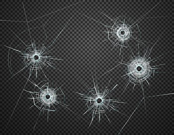 Five bullet holes in glass closeup realistic image against dark transparent background  illustration Free Vector