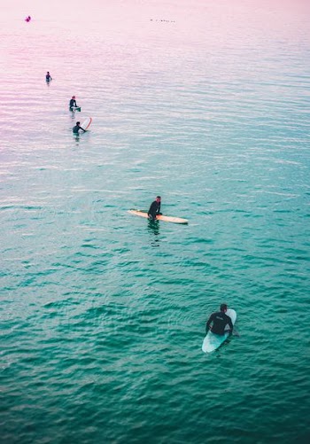 five people holding surfboards