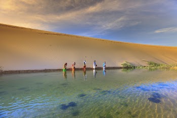 Five Person Standing on Calm Water Near Desert