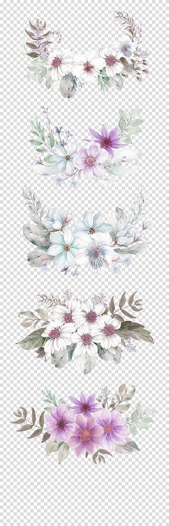Five pink and white petaled flowers , , Green and fresh flower vine decoration pattern transparent background PNG clipart
