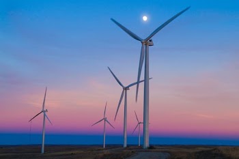 five windmills in front of ocean