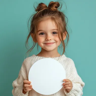 Five-Year-Old Girl Smiling with White Circle in Studio Mint Background Five-Year-Old Girl Smiling with White Circle in Studio Mint Background