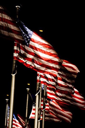 flags of the United States of America on flag poles under dark sky