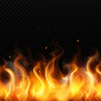 Flame of gold fire on dark transparent background with red sparks flying up realistic Free Vector
