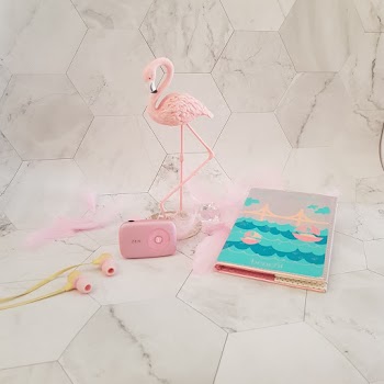 Flamingo Figurine Near Pink Camera, Pink Earbuds, and Photo Album