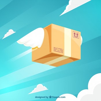 Flat carton box flying with wings Free Vector