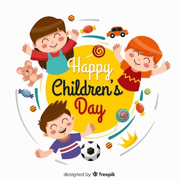 Flat children's day kids with games and candies Free Vector