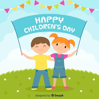 Flat children's day with banner and garlands Free Vector