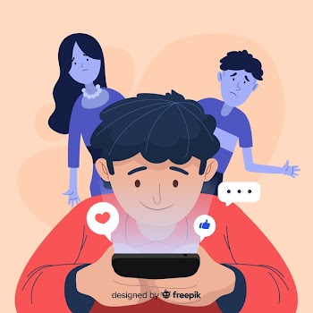 Flat design character dependent on social media Free Vector