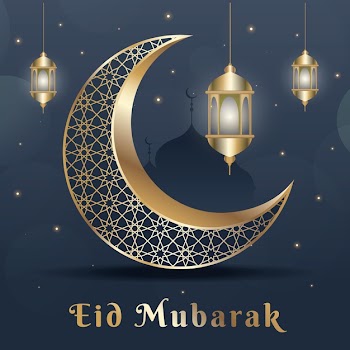 Flat design eid mubarak with moon and lanterns Free Vector