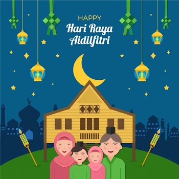 Flat design hari raya aidalfitri and family Free Vector