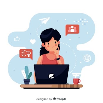 Flat design thinking character  with elements around Free Vector