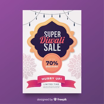 Flat diwali sale poster template with offers ribbon Free Vector