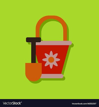 Flat icon design shovel and bucket in sticker vector image