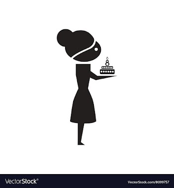 Flat icon in black and white girl with cake vector image