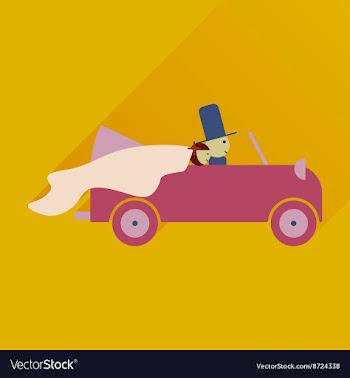 Flat icon with long shadow bride and groom in car vector image