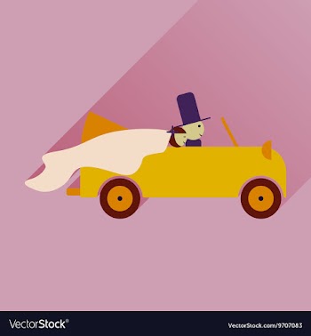 Flat icon with long shadow bride and groom in car vector image