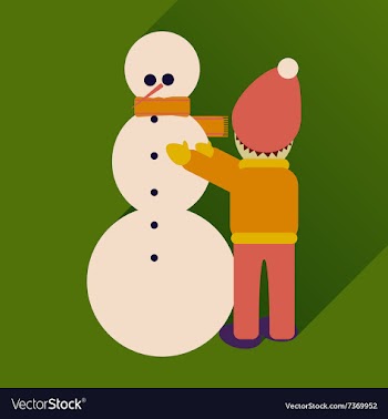 Flat icon with long shadow child and snowman vector image