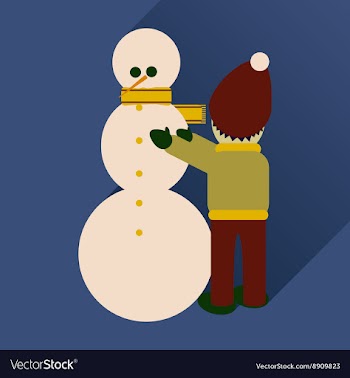 Flat icon with long shadow child and snowman vector image
