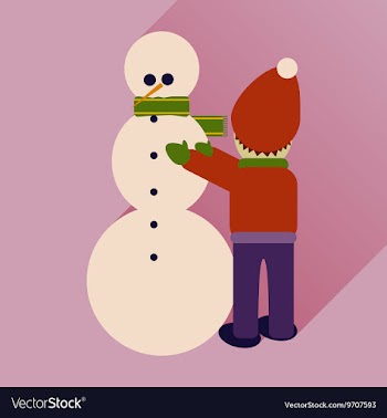 Flat icon with long shadow child and snowman vector image