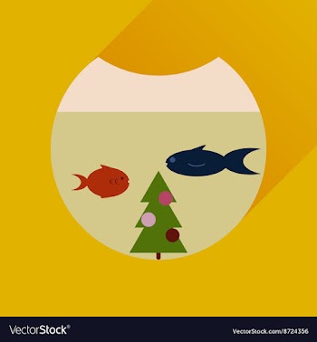 Flat icon with long shadow Christmas tree and fish vector image