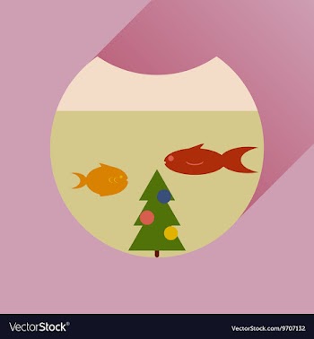 Flat icon with long shadow Christmas tree and fish vector image