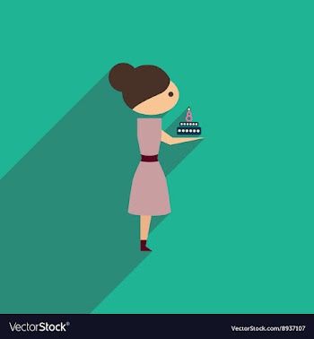 Flat icon with long shadow girl with cake vector image