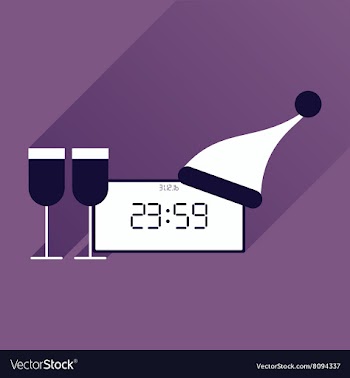 Flat icon with long shadow New Year clock glasses vector image