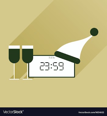 Flat icon with long shadow New Year clock glasses vector image