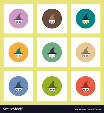 Flat icons halloween set of skull in witch hat vector image