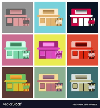 Flat icons set building cinema popcorn vector image
